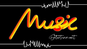 Desain effect Tulisan Music Entertainment neon glow gradasi kuning
